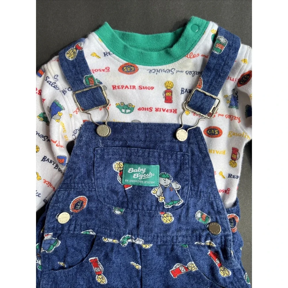 Rare Vintage 90's OshKosh Baby Vestbak Car Mechanic Overalls Set Sz 3-6 Mnths